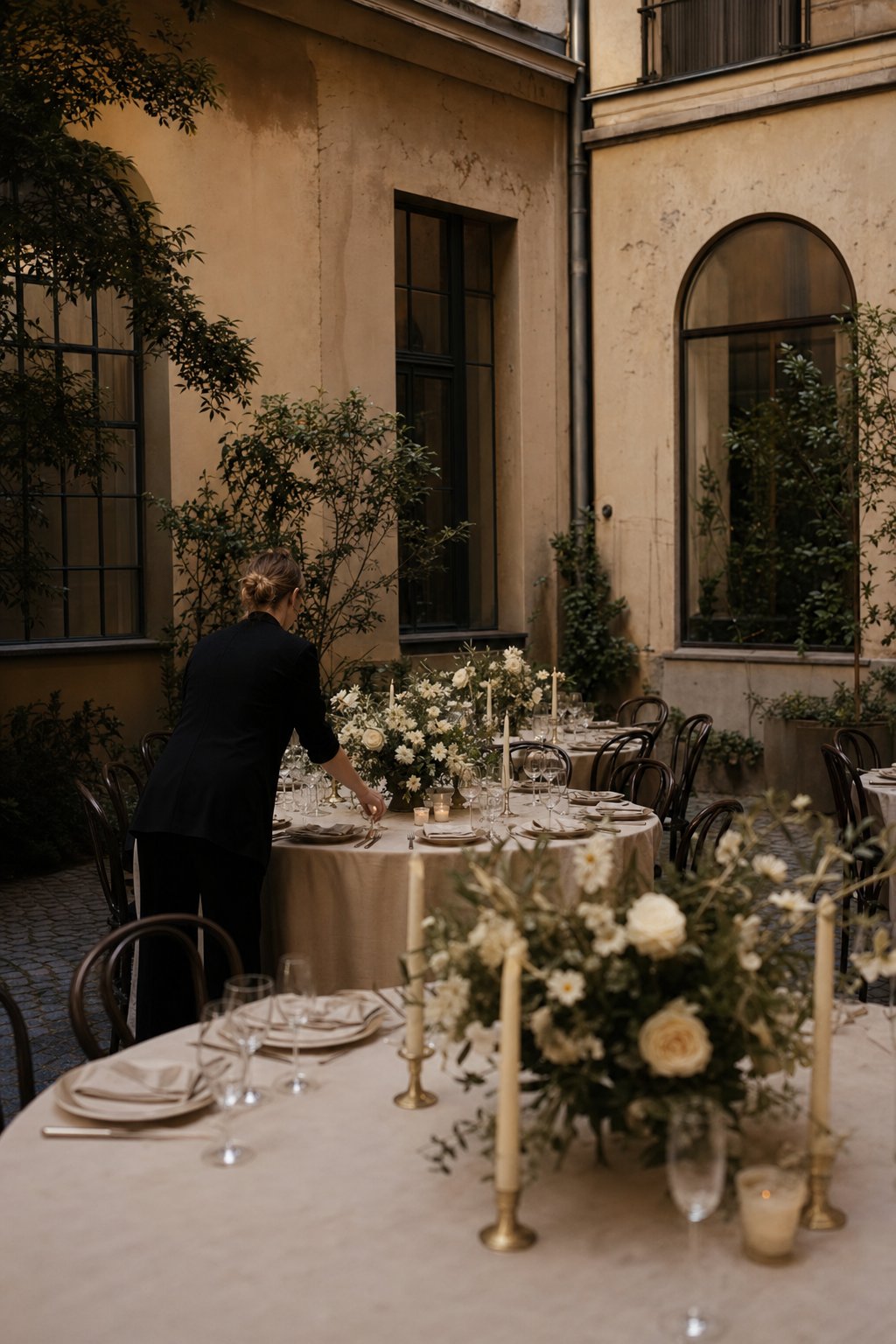 Elegant gedeckte Tische in einem Berliner Innenhof