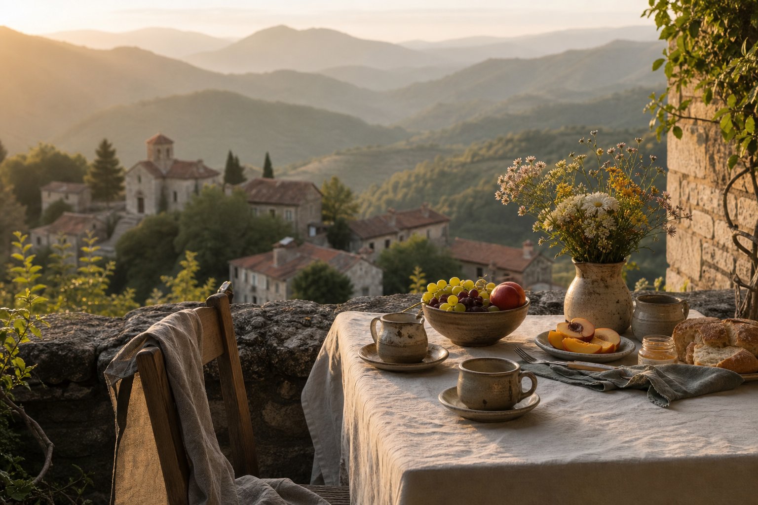 Frühstück auf einer Terrasse mit Blick über bulgarische Berge